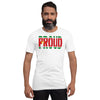 Guadeloupe Flag designed to spell Proud on a white color t-shirt worn by a black man.