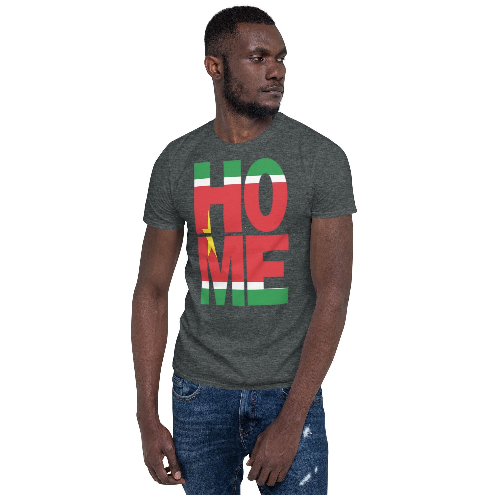 Guadeloupe flag spelling HOME on black men wearing a dark heather color shirt