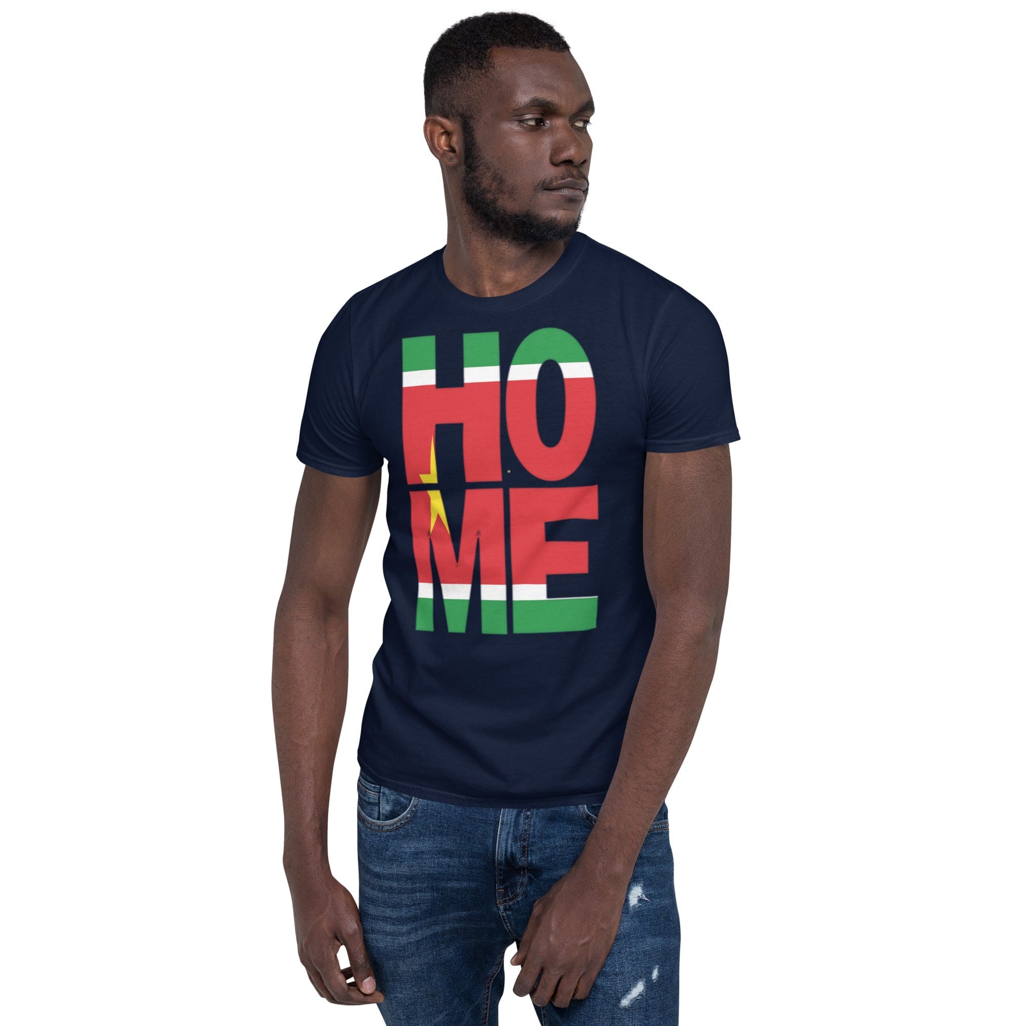 Guadeloupe flag spelling HOME on black men wearing a navy color shirt