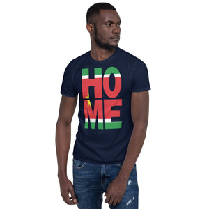 Guadeloupe flag spelling HOME on black men wearing a navy color shirt