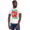 Guadeloupe flag spelling HOME on black men wearing a white color shirt