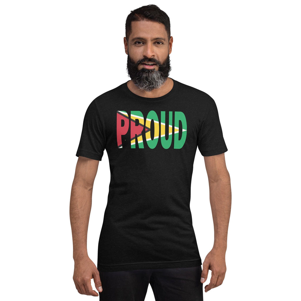 Guyana Flag designed to spell Proud on a black color t-shirt worn by a black man.