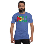 Guyana Flag designed to spell Proud on a blue color t-shirt worn by a black man.