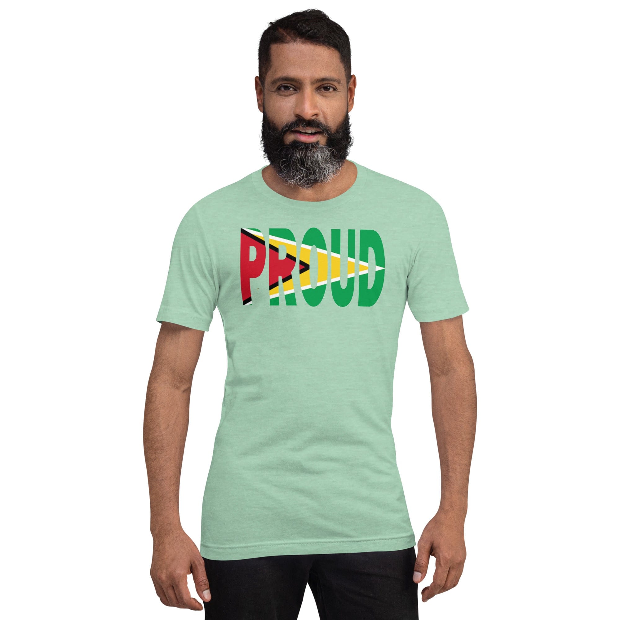 Guyana Flag designed to spell Proud on a green color t-shirt worn by a black man.