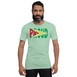 Guyana Flag designed to spell Proud on a green color t-shirt worn by a black man.
