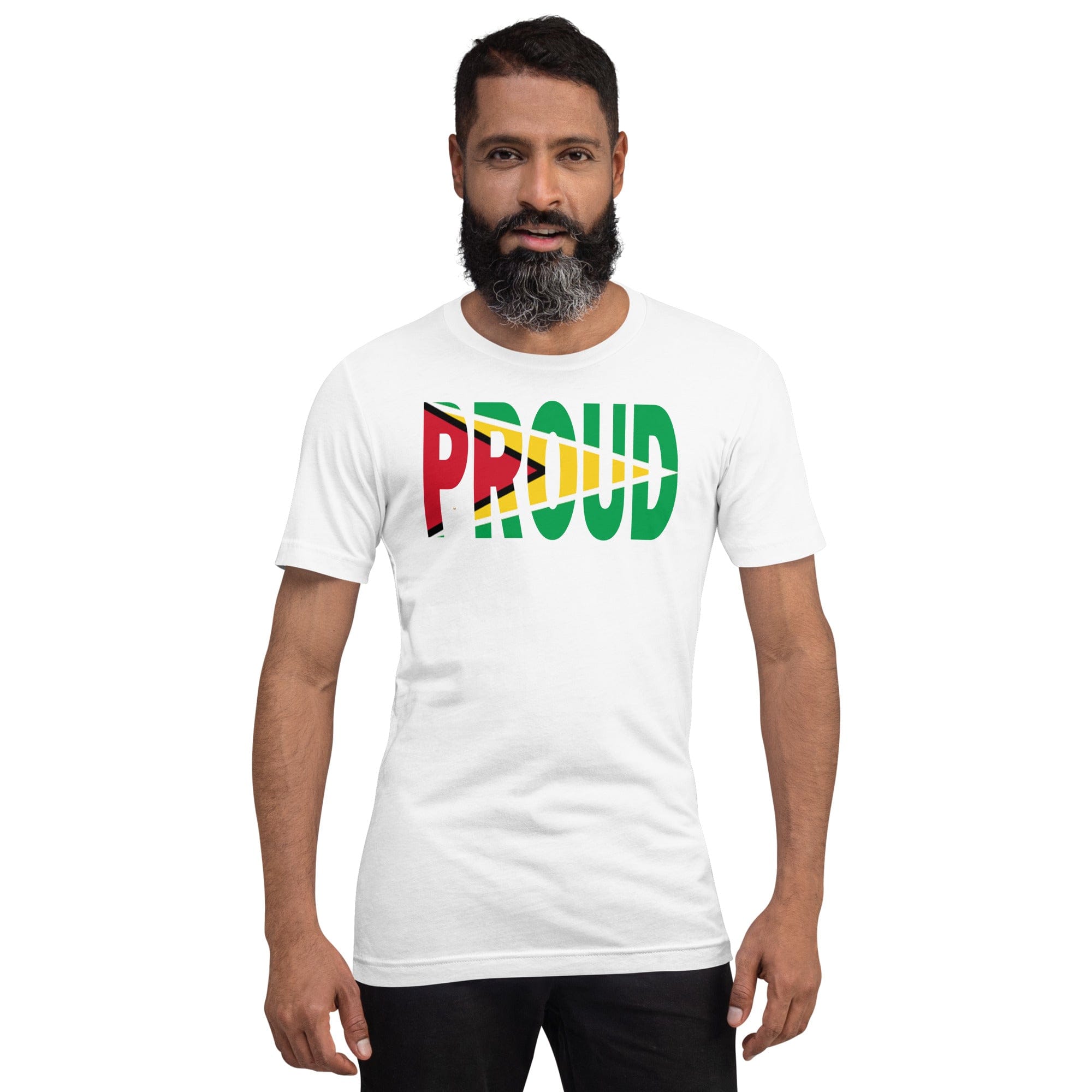 Guyana Flag designed to spell Proud on a white color t-shirt worn by a black man.