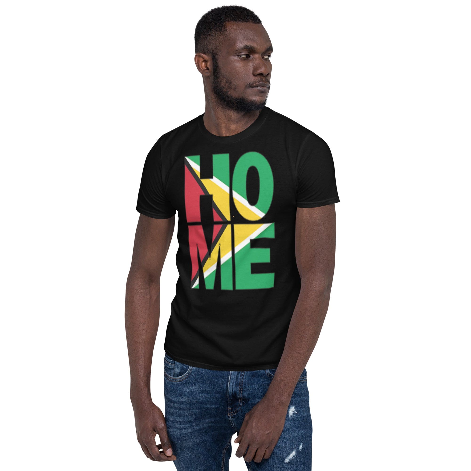 Guyana flag spelling HOME on black men wearing black color shirt