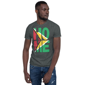 Guyana flag spelling HOME on black men wearing dark heather color shirt
