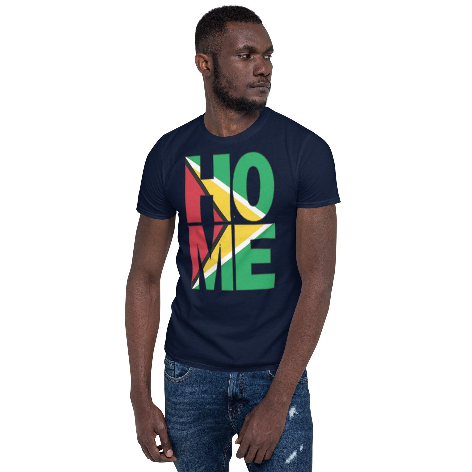 Guyana flag spelling HOME on black men wearing navy color shirt