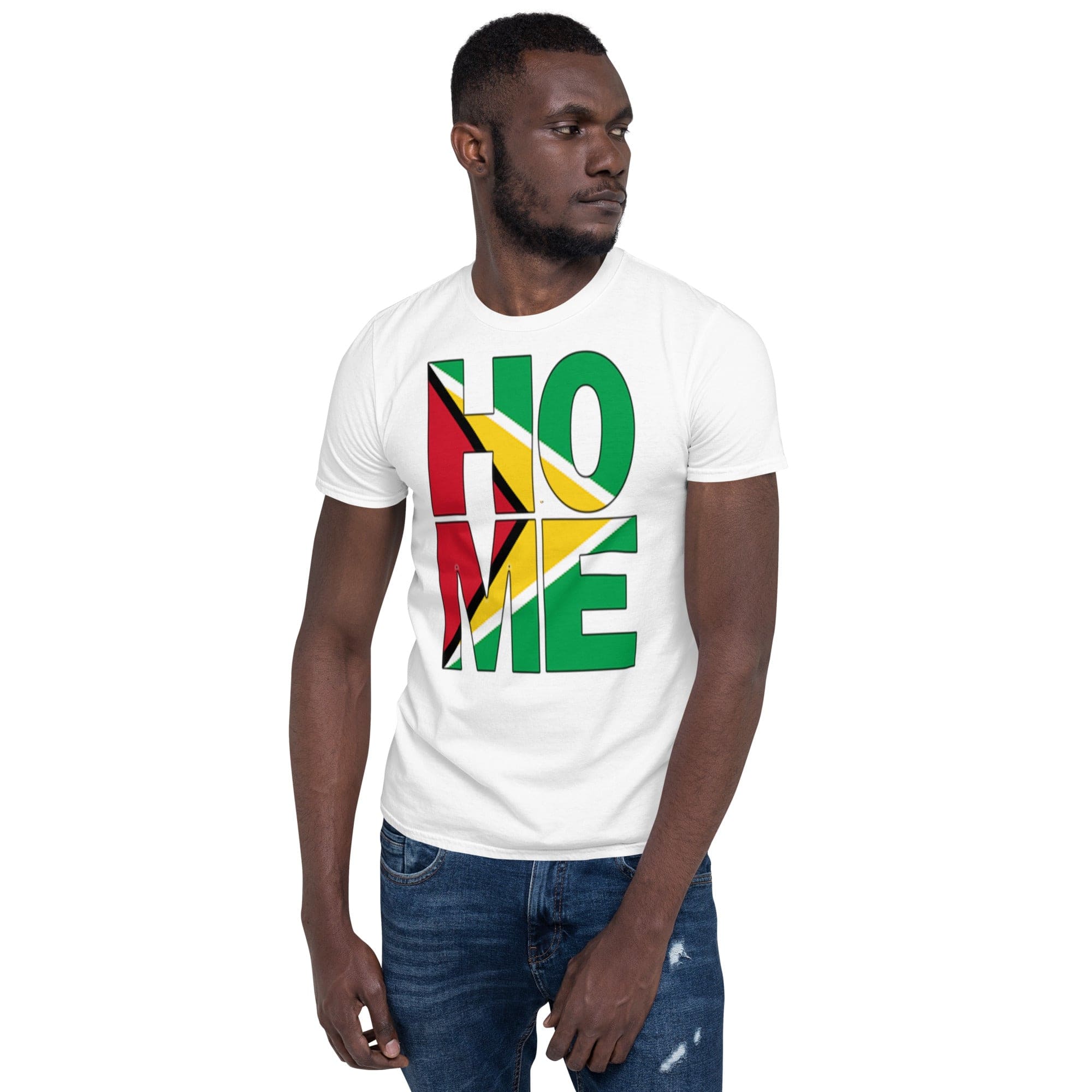 Guyana flag spelling HOME on black men wearing white color shirt
