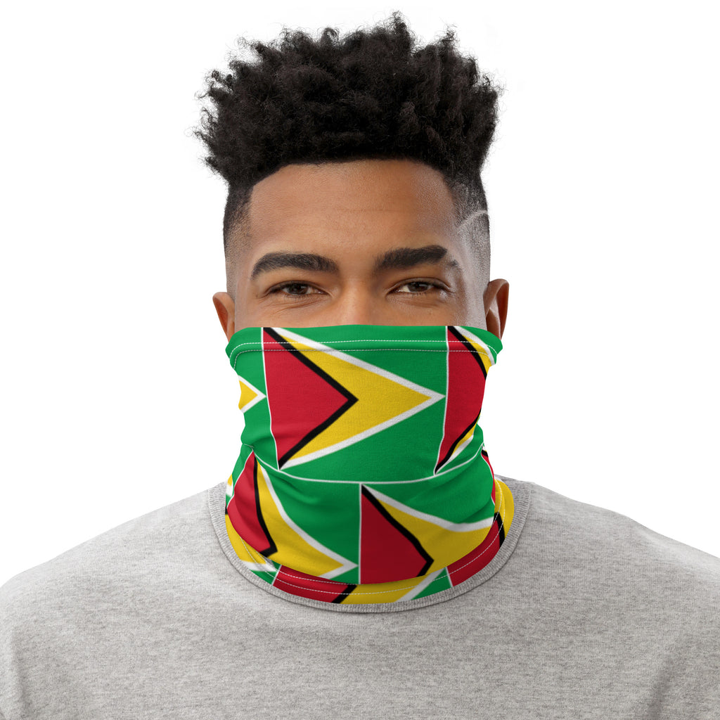 Black Man Wearing Guyana Flag Face Mask Headband, Bandana Wristband Combination
