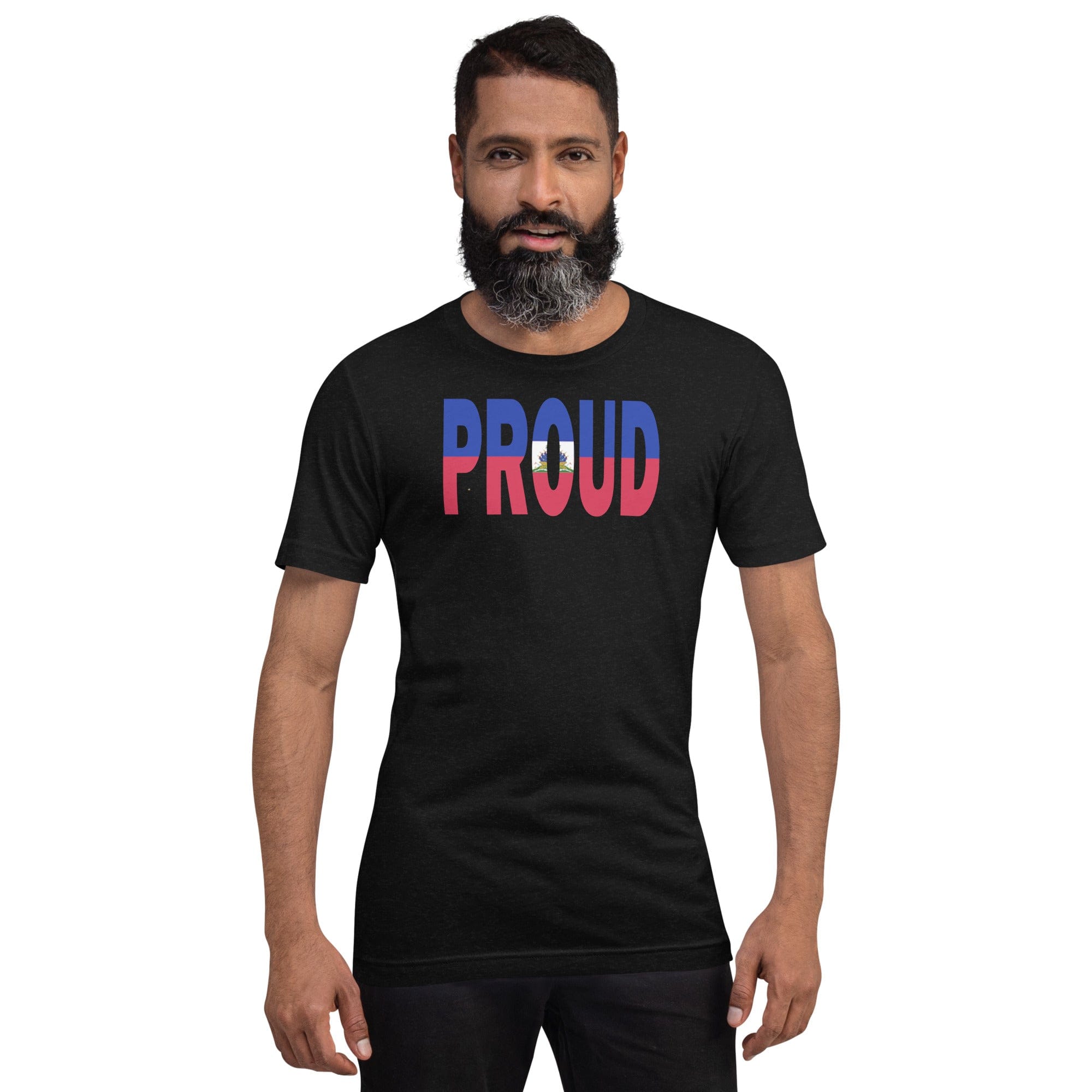 Haiti Flag designed to spell Proud on a black color t-shirt worn by a black man.