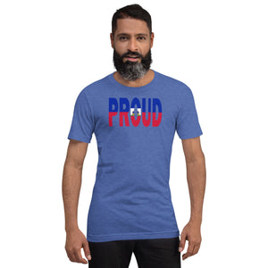Haiti Flag designed to spell Proud on a blue color t-shirt worn by a black man.