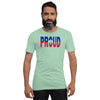 Haiti Flag designed to spell Proud on a green color t-shirt worn by a black man.