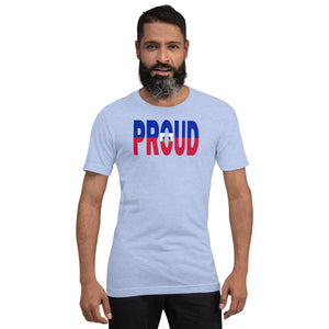 Haiti Flag designed to spell Proud on a purple color t-shirt worn by a black man.