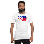 Haiti Flag designed to spell Proud on a white color t-shirt worn by a black man.