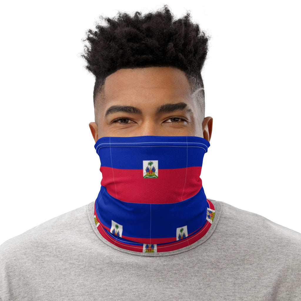 Black Man Wearing Haiti Flag Face Cover Headband, Bandana Wristband Combination