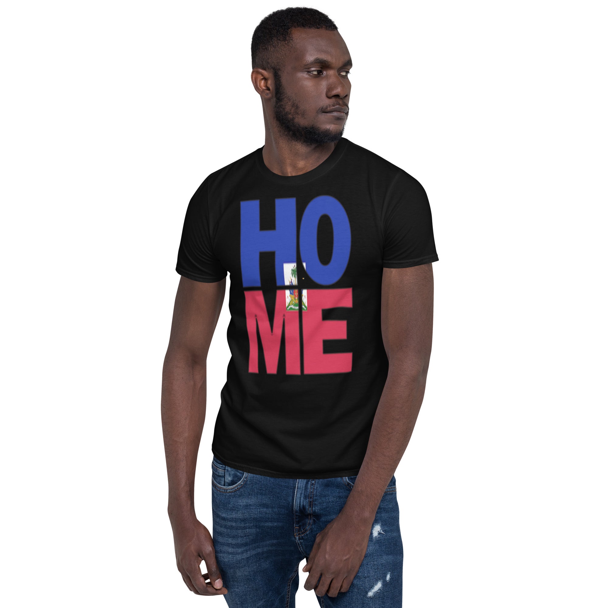 Haiti flag spelling HOME on black men wearing black color shirt