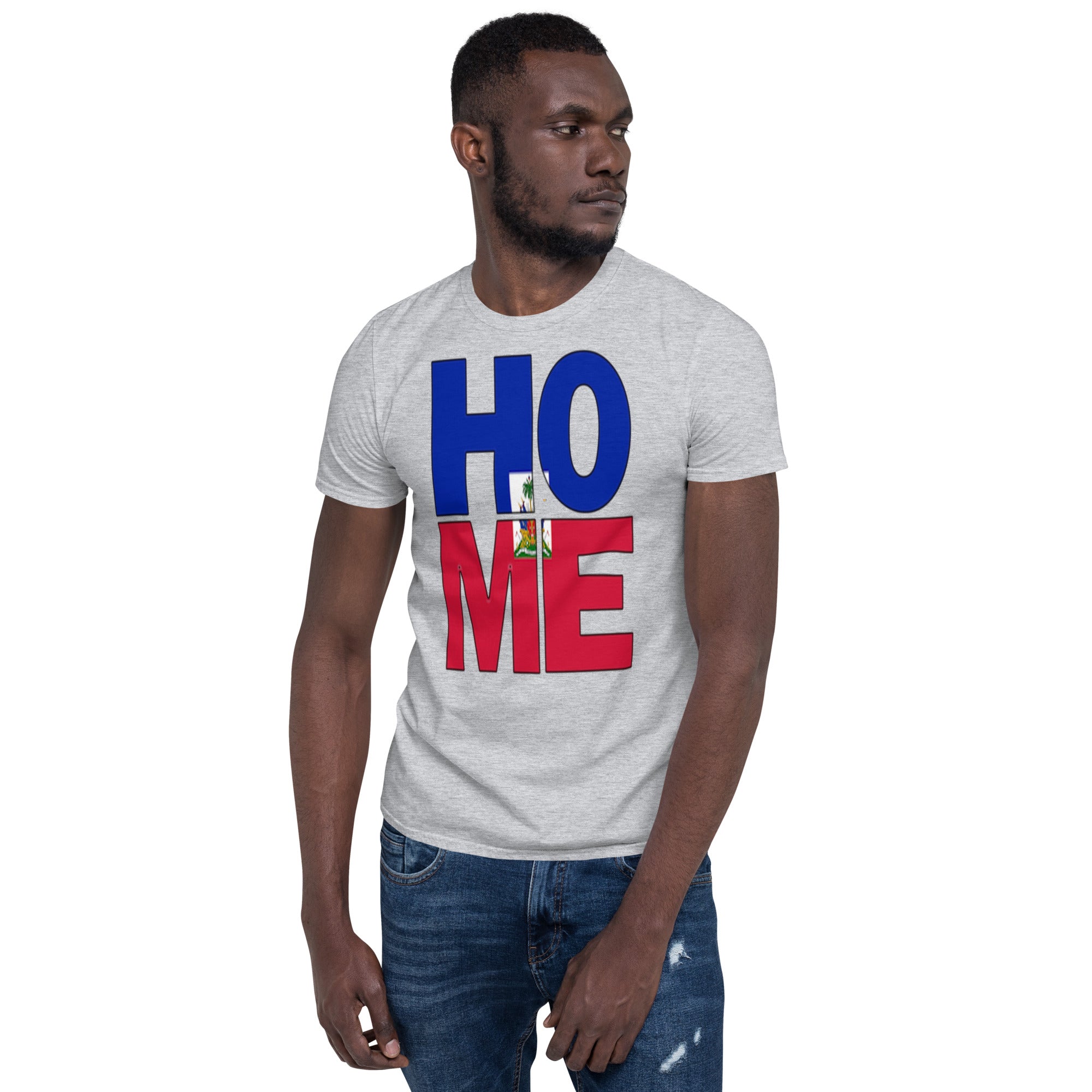 Haiti flag spelling HOME on black men wearing sport grey color shirt