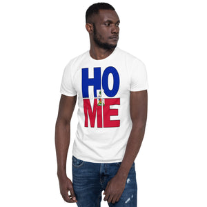 Haiti flag spelling HOME on black men wearing white color shirt