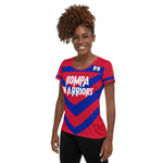 Haiti football shirt showing the left side on a black women.