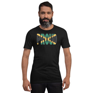 Jamaica Flag designed to spell Proud on a black color t-shirt worn by a black man.
