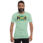 Jamaica Flag designed to spell Proud on a green color t-shirt worn by a black man.