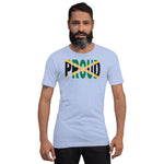 Jamaica Flag designed to spell Proud on a purple color t-shirt worn by a black man.