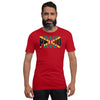 Jamaica Flag designed to spell Proud on a red color t-shirt worn by a black man.