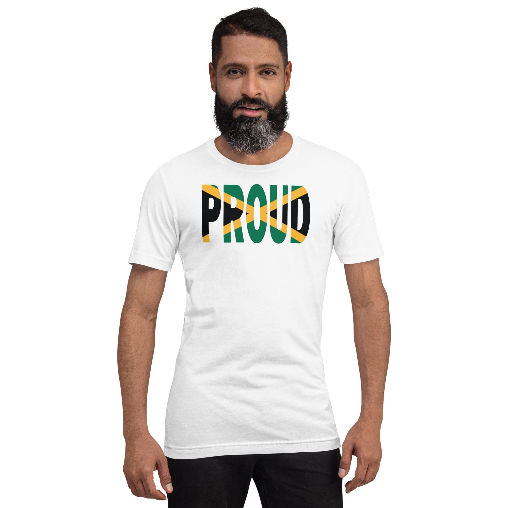 Jamaica Flag designed to spell Proud on a white color t-shirt worn by a black man.