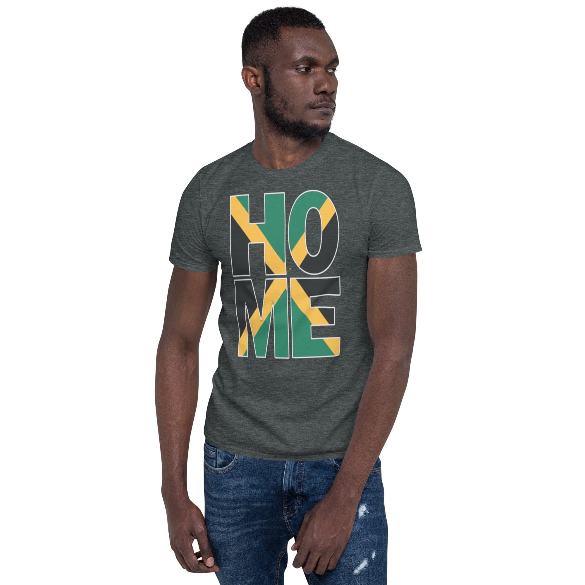 Jamaica flag design in the words HOME on a dark heather color shirt on the front of a black man.
