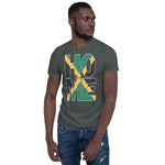 Jamaica flag design in the words HOME on a dark heather color shirt on the front of a black man.