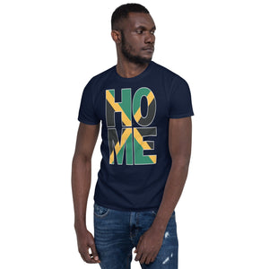 Jamaica flag design in the words HOME on a navy color shirt on the front of a black man.