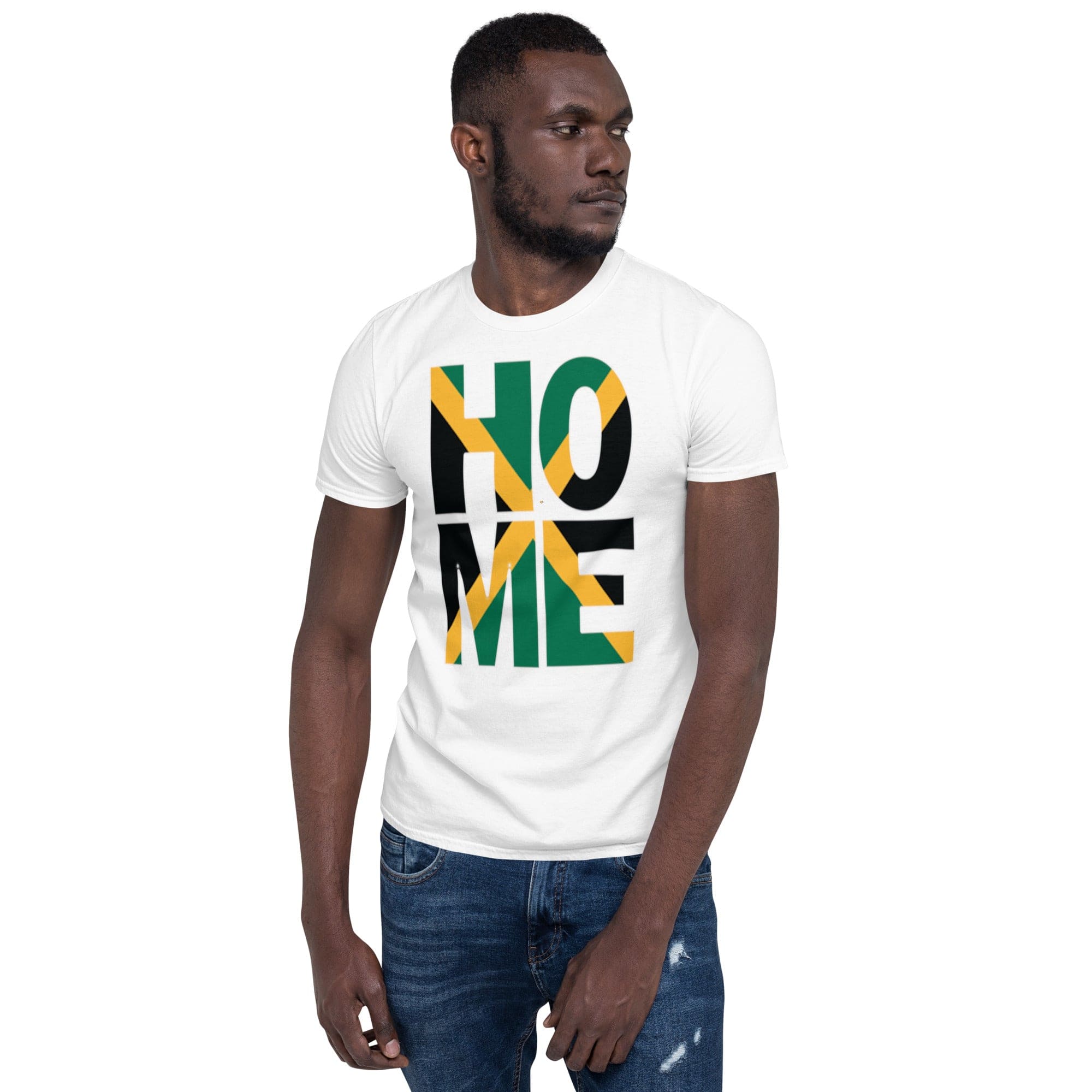 Jamaica flag design in the words HOME on a white color shirt on the front of a black man.