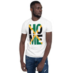 Jamaica flag design in the words HOME on a white color shirt on the front of a black man.
