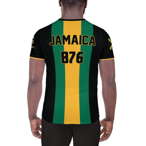 A Jamaica football men's shirt in Jamaica flag colors of green, black, and yellow showing the back of a black man.