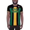 A Jamaica football men's shirt in Jamaica flag colors of green, black, and yellow showing the front of a black man.