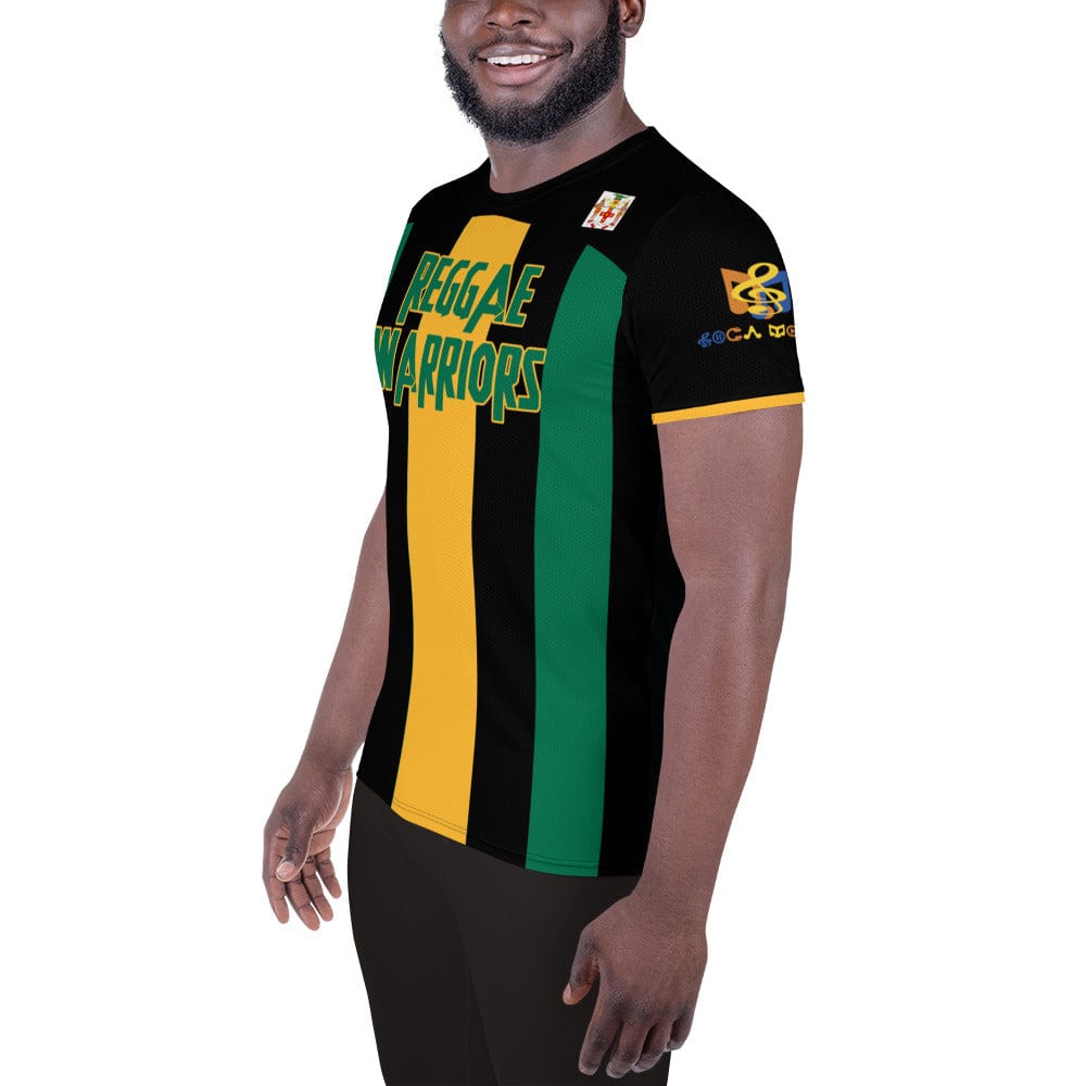 A Jamaica football men's shirt in Jamaica flag colors of green, black, and yellow showing the left side of a black man.