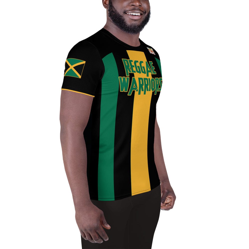 A Jamaica football men's shirt in Jamaica flag colors of green, black, and yellow showing the right side of a black man.