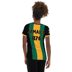 Jamaica football shirt showing the back on black women.