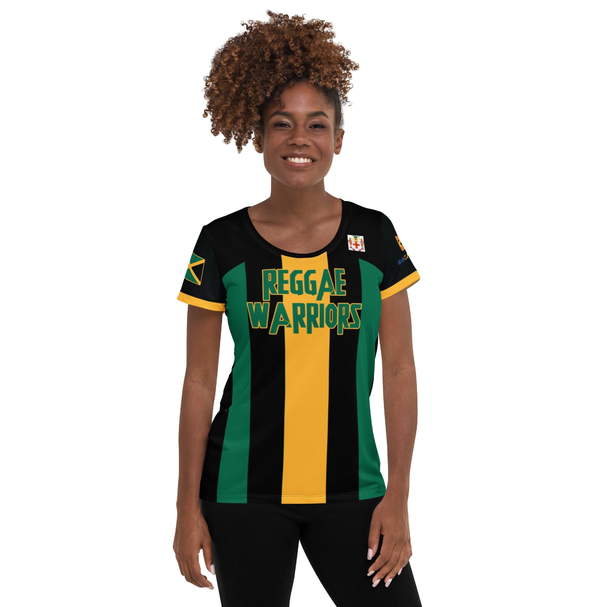 A Jamaica football women's shirt in Jamaica flag colors of green, black and yellow showing the front of a black woman.
