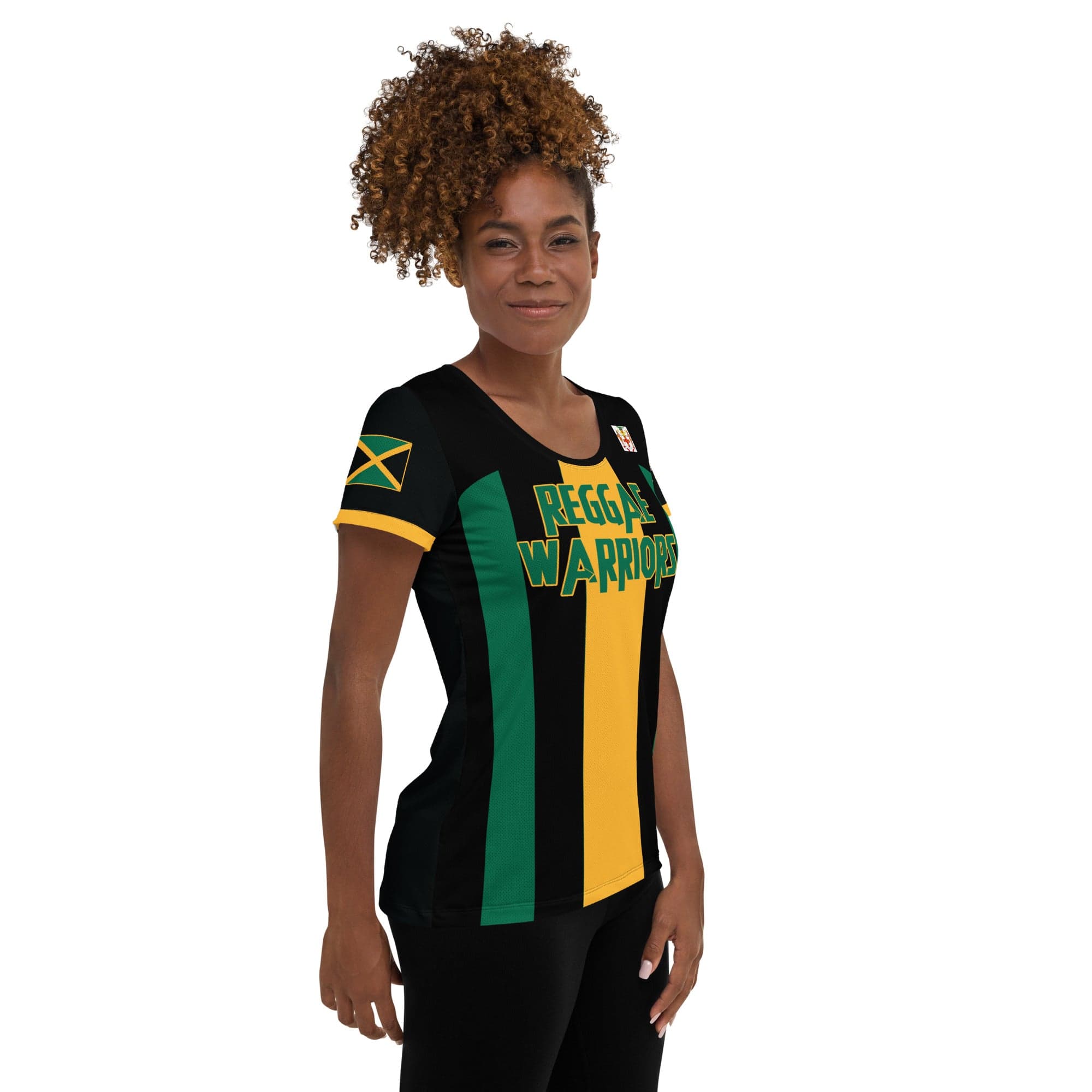 A Jamaica football women's shirt in Jamaica flag colors of green, black, and yellow showing the right side of a black woman.