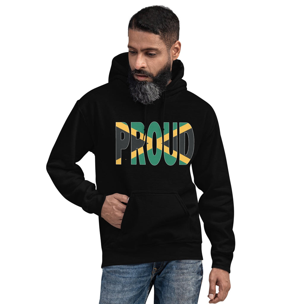 Jamaica black Hoodie with Jamaican flag spelling the word proud on the front worn by a black man.