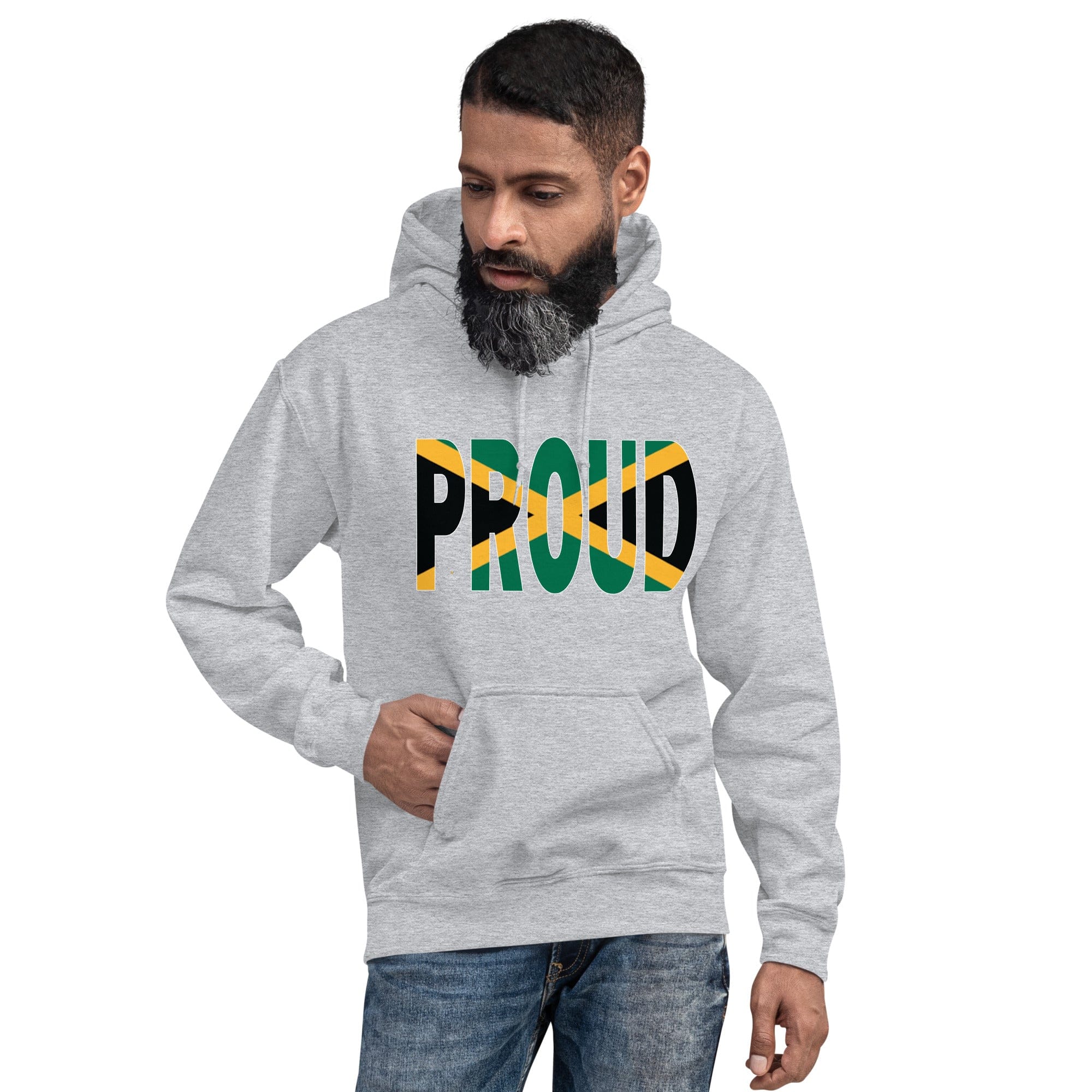 Jamaica sport grey color Hoodie with a Jamaican flag spelling the word proud on the front worn by a black man.