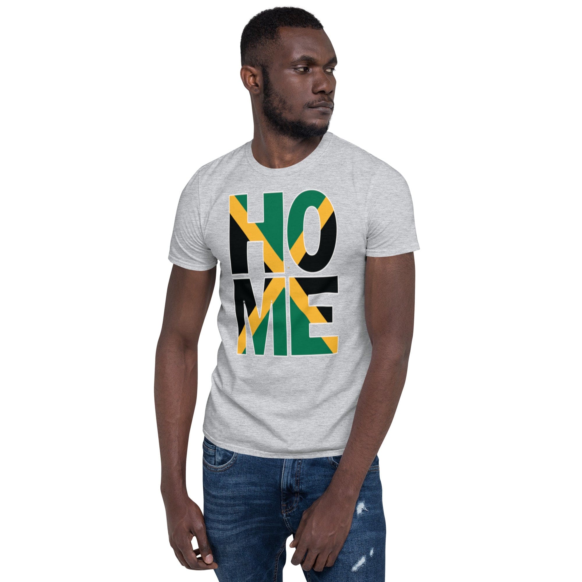Jamaica flag design in the words HOME on a sport grey color shirt on the front of a black man.