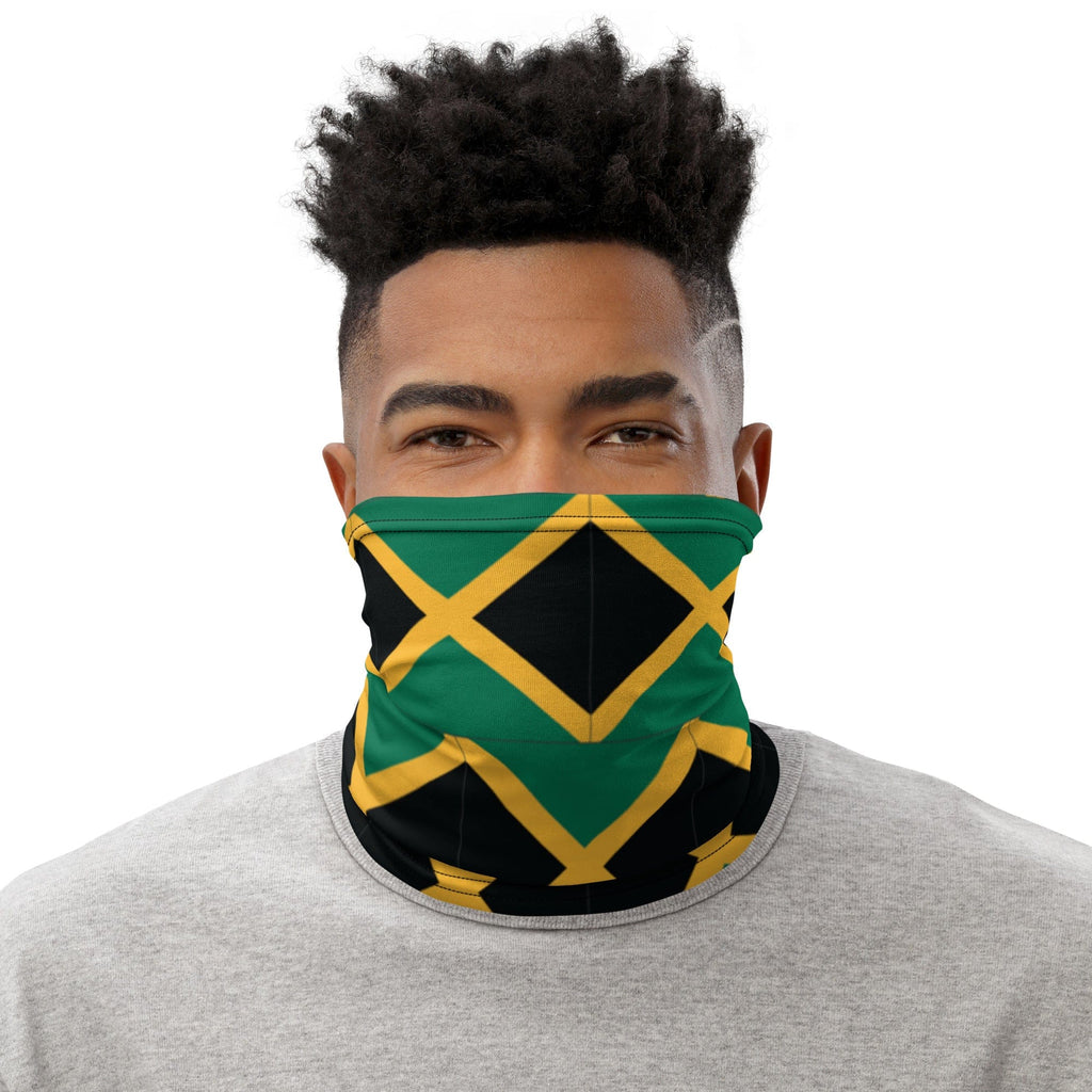 Black Man Wearing Jamaica Flag Face Cover Headband, Bandana Wristband Combination