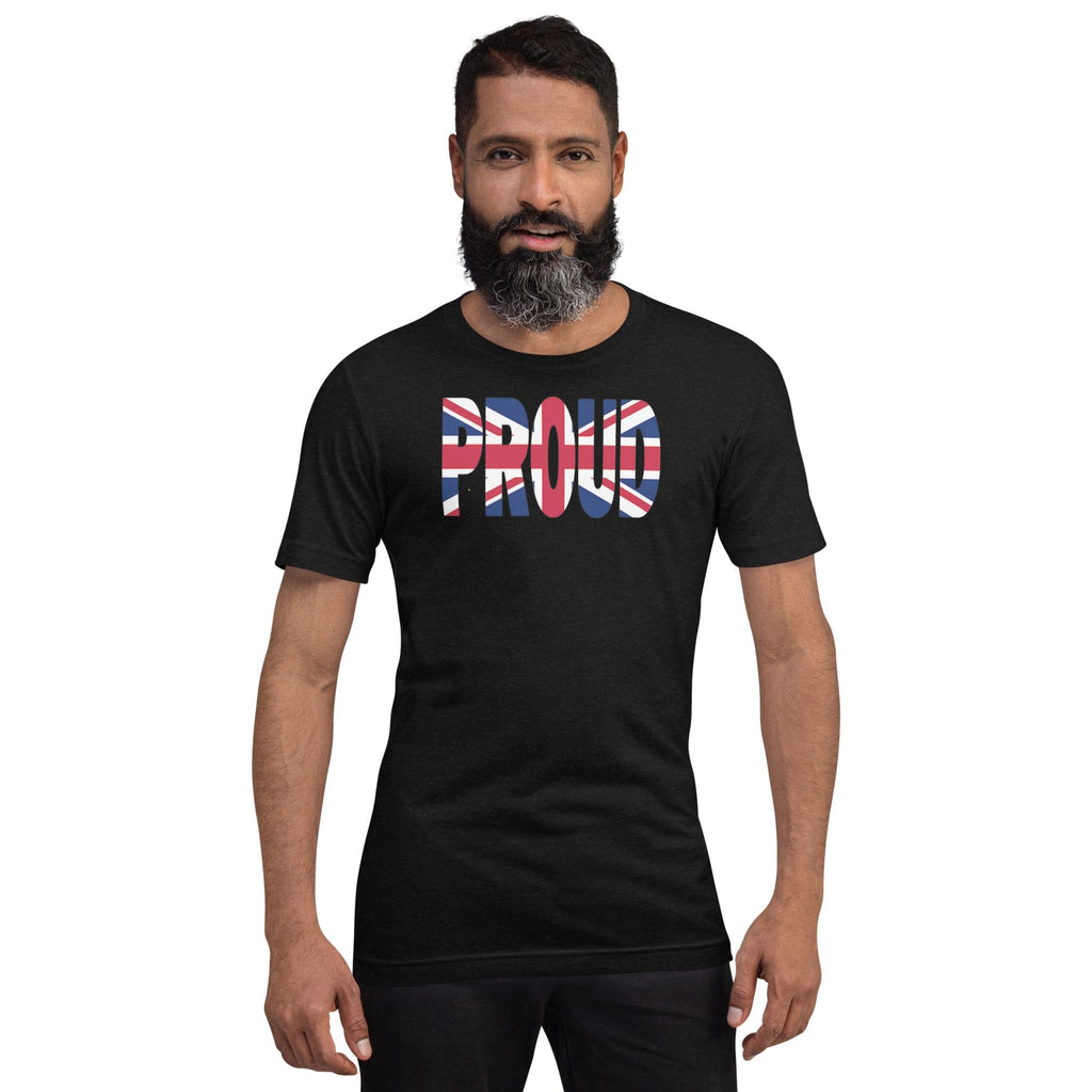 London Flag designed to spell Proud on a black color t-shirt worn by a black man.