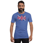 London Flag designed to spell Proud on a blue color t-shirt worn by a black man.