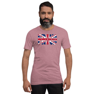 London Flag designed to spell Proud on a maroon color t-shirt worn by a black man.