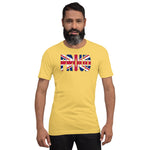 London Flag designed to spell Proud on a yellow color t-shirt worn by a black man.